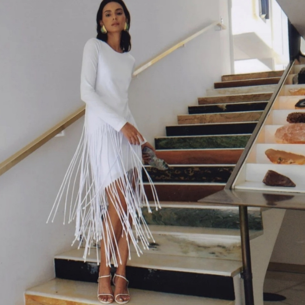 No Pise La Grama Veta Fringe Beaded Tee Dress XS T-shirt Dress Cover Up Summer